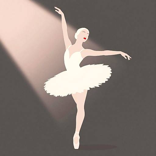 Digital art of a white silhouette ballerina in a tutu, standing on pointe, arms gracefully extended, illuminated by a spotlight against a dark