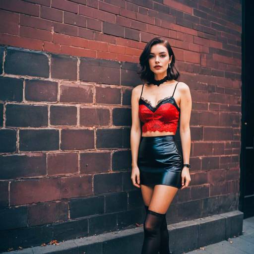 Woman in Black Leather Skirt and Red Lace Bralette