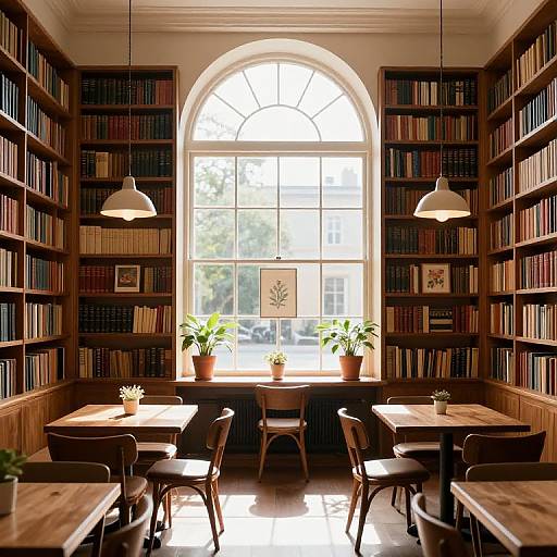 Photograph of a cozy library with arched window, wooden bookshelves, potted plants, sunlight streaming, and wooden tables and chairs.