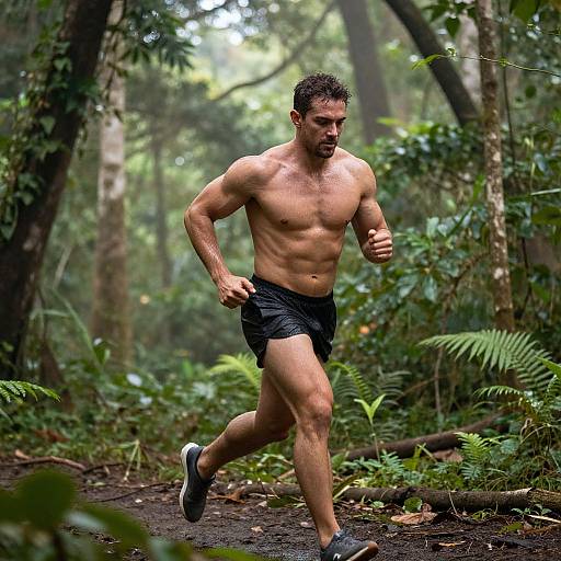 Photograph of a muscular, shirtless man with short dark hair jogging in a dense, green forest, wearing black shorts and gray sneakers.