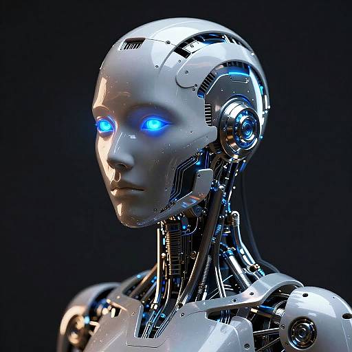 CGI image of a sleek, white humanoid robot with glowing blue eyes against a dark background. The robot's metallic joints and intricate wiring are visible.