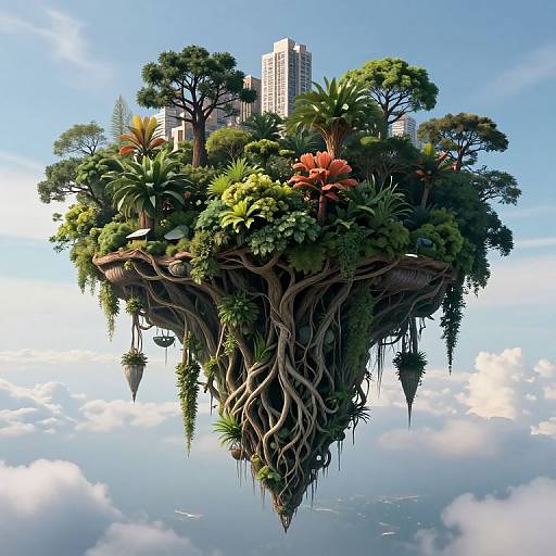 Digital art of a floating island with lush greenery, vibrant flowers, and tangled roots, set against a blue sky with clouds. City skyscrapers