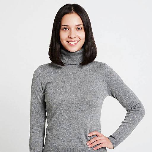Photograph of a smiling young woman with straight black hair, wearing a gray turtleneck sweater, standing against a white background.