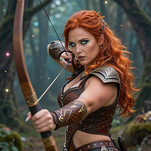 Photorealistic digital art of a fierce red-haired elf archer with green eyes, wearing medieval armor, drawing a bow in a misty forest.