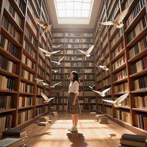 Photograph of a library with wooden bookshelves, a standing Asian girl in a white shirt and plaid skirt, surrounded by flying white doves