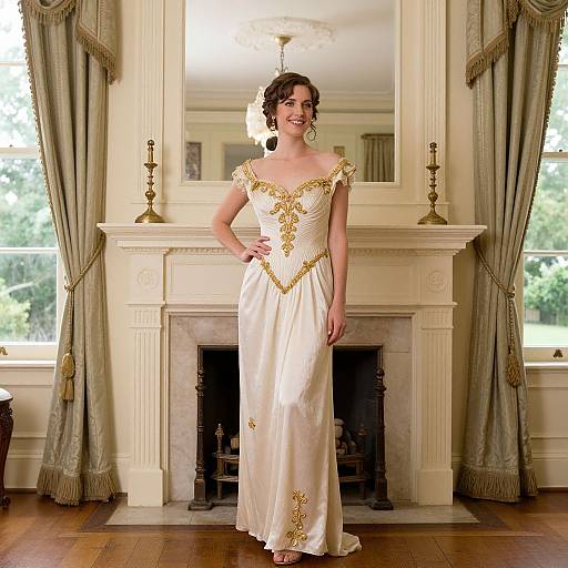 Elegant Woman in Vintage Cream Gown