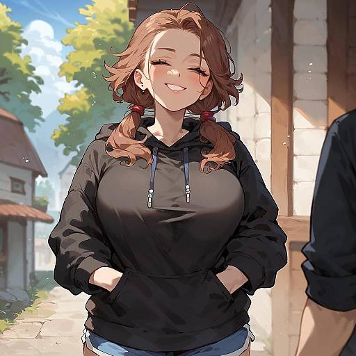 Smug Girl Outdoors in Black Hoodie