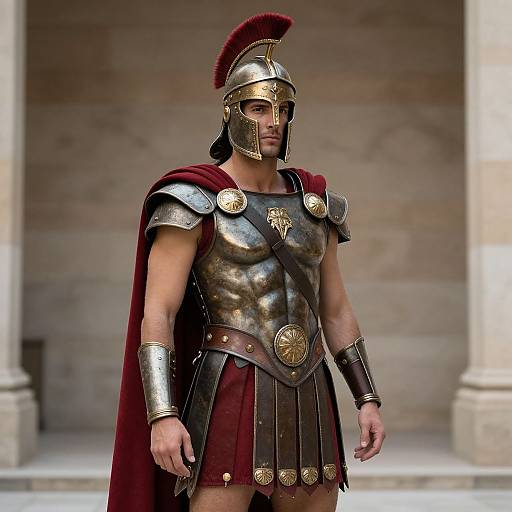 Photorealistic CGI of a muscular, tan-skinned ancient Roman soldier with a red plume helmet, bronze armor, and red cape, standing in