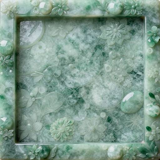Digital art featuring a square frame with a green, floral, and bubble-filled background, adorned with translucent, delicate flower and leaf patterns.