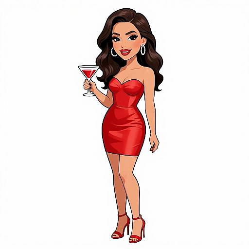 Digital illustration of a glamorous woman with long black hair, wearing a strapless red dress, red high heels, and holding a martini glass, standing