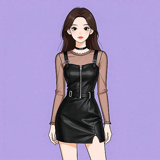 Digital anime-style drawing of a fair-skinned woman with long brown hair, wearing a black leather dress over a sheer brown top, against a solid lavender