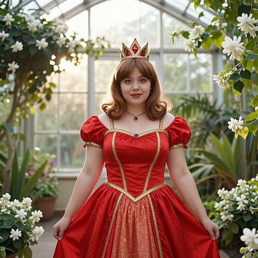 Photograph of a young woman with fair skin, brown hair, and red dress with gold trim, wearing a red and gold crown, standing in a