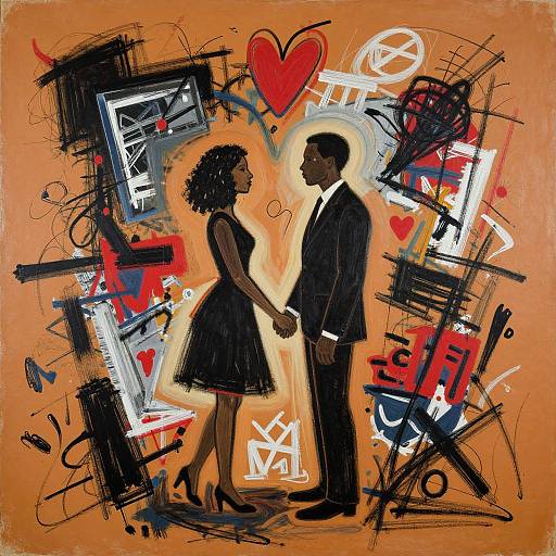 Abstract digital artwork of a Black couple holding hands, wearing black outfits, silhouetted against an orange background with heart, scribbles, and