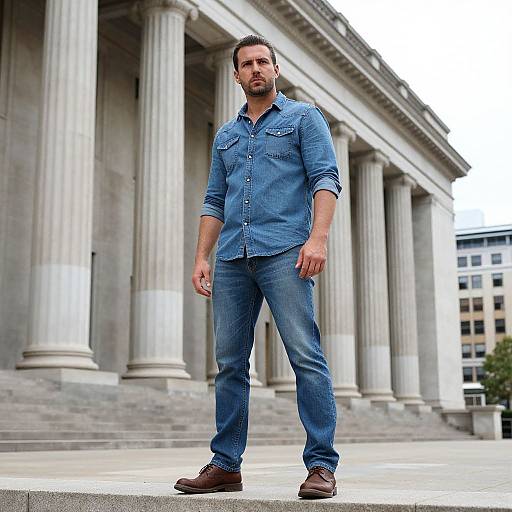 Photograph of a handsome, bearded man in a blue denim shirt and jeans, standing confidently in front of a grand, columned building.