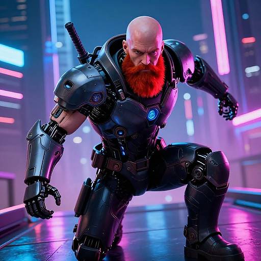 Photorealistic CGI of a bald, red-bearded man in black, high-tech armor, crouching in a neon-lit futuristic cityscape
