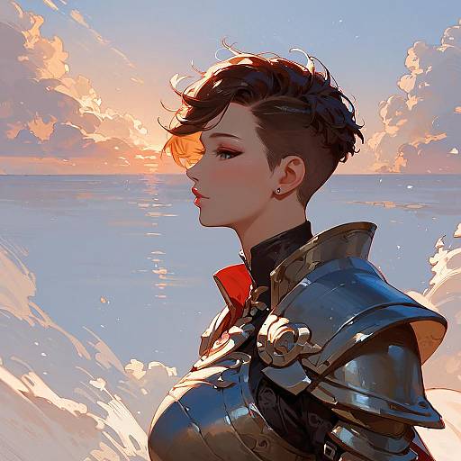 Brunette Pixie Warrior with Sword at Sunrise