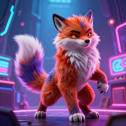 Digital CGI artwork of a vibrant orange and white fox with blue tail tip, standing confidently in a neon-lit futuristic room. The fox has sharp eyes