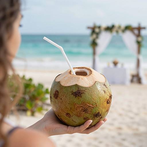 Photograph of a hand holding a green coconut with a straw, on a sunny beach with turquoise ocean and a blurred wedding arch in the background.