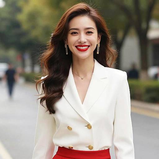 Photograph of a smiling Asian woman with long, wavy brown hair, wearing a white double-breasted blazer, red skirt, and red lipstick