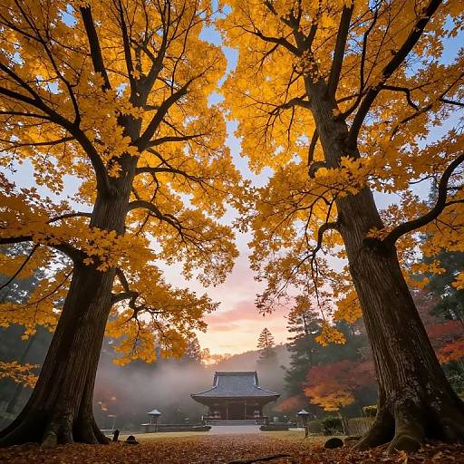 Photograph of a traditional Japanese temple nestled between towering trees with vibrant autumn orange leaves, misty background, and a serene sunset sky.