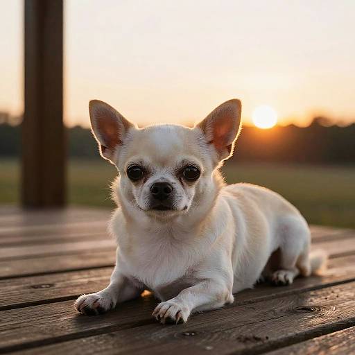 Photograph of a small white Chihuahua with large ears lying on a wooden deck at sunset, with a golden-orange sky in the background.