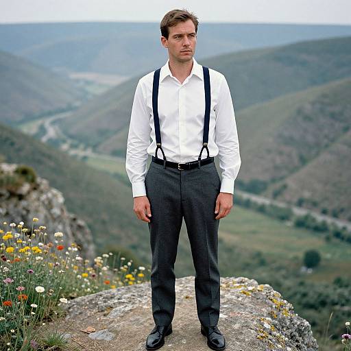 Man in Classic Attire on Rocky Viewpoint