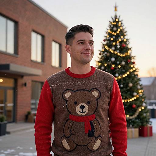 Photograph of a young man with short dark hair, wearing a brown teddy bear sweater with red sleeves, standing in front of a Christmas tree and