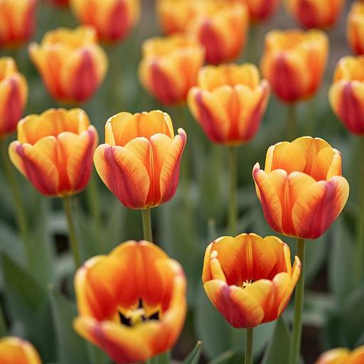Photograph of a vibrant garden with numerous orange and red tulips in full bloom, set against a blurred green background.