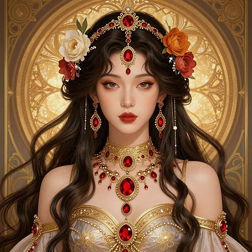 Digital artwork of a beautiful, fair-skinned woman with long black hair, adorned with red gemstone jewelry, floral crown, and gold necklace, against