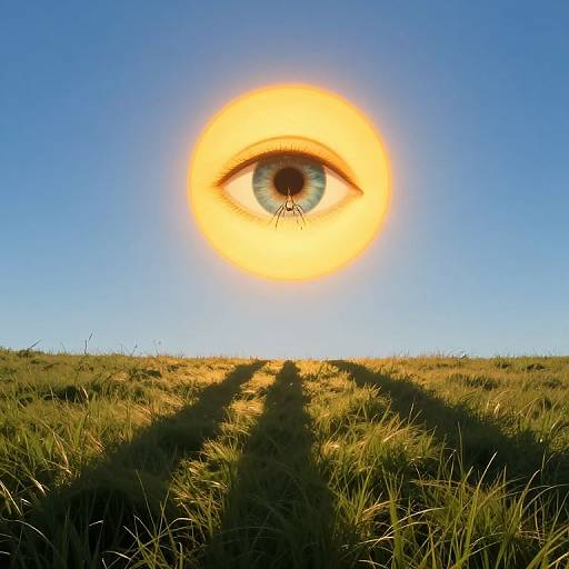 Photograph of a bright, glowing eye-shaped sun in a clear blue sky, casting long shadows on a grassy field below.