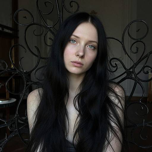 Photograph of a pale, blue-eyed, young woman with long, black, wavy hair, standing against a dark, ornate, wrought-