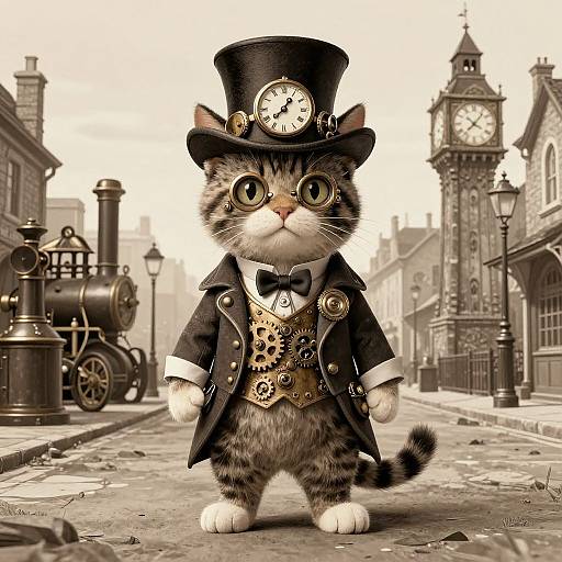 Digital artwork of a cute, wide-eyed cat in a Victorian steampunk outfit with a top hat, clock, and gears, standing on a cob