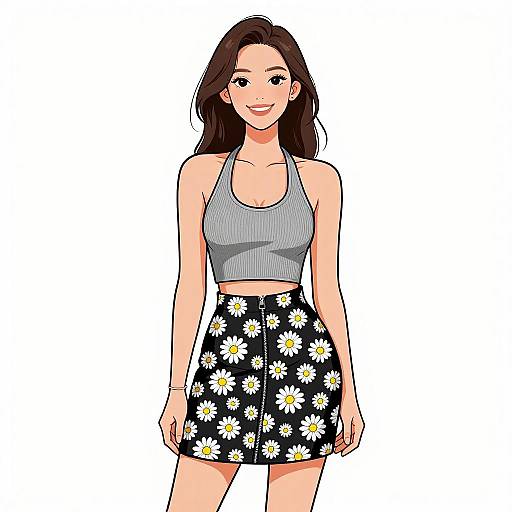 Smiling Woman in Chic Daisy Skirt
