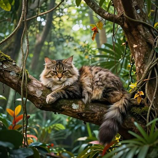Photograph of a fluffy, long-haired tabby cat lounging on a moss-covered tree branch in a lush, green forest with sunlight filtering through leaves