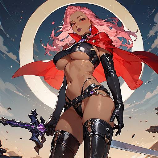 Dark-Skinned Female Warrior with Pink Hair and Sword