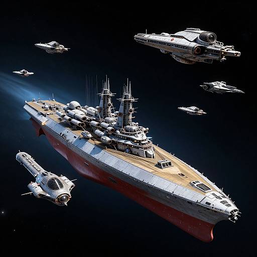 CGI image of a massive, detailed battleship with numerous smaller starfighters surrounding it in a dark, space-like background.