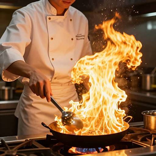 Photograph of a chef in a white uniform, stirring a pan with a flame, intense orange-yellow fire, dark kitchen background.