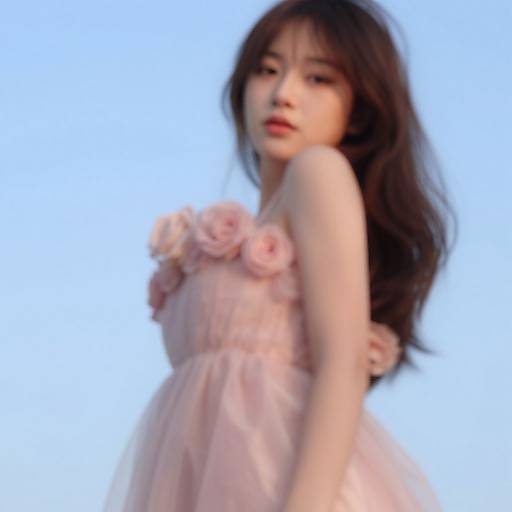 Photograph of an Asian woman with long, dark hair, wearing a pink, strapless, floral-embellished tulle dress, against a
