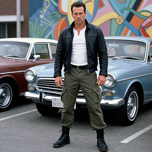 Photograph of a muscular man with short dark hair, wearing a black jacket, white shirt, olive cargo pants, and black boots, standing in front