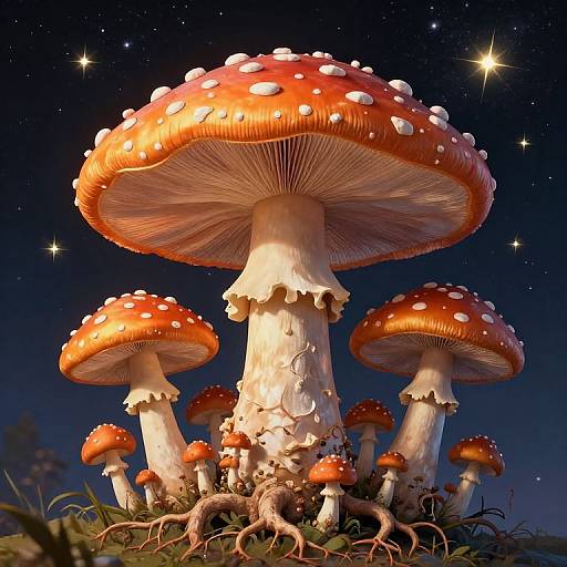 Photograph of glowing, red-capped, white-spotted mushrooms with detailed gills and roots, under a starry night sky, creating a magical
