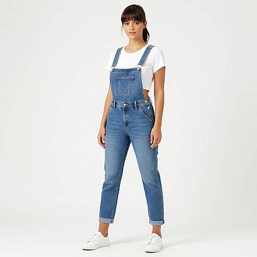 Photograph of a young woman with straight brown hair, wearing blue denim overalls, white T-shirt, and white sneakers, standing against a white background