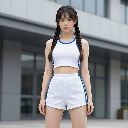 Digital rendering of an Asian woman with long black braids, wearing a white sports crop top and shorts with blue stripes, standing in front of a modern