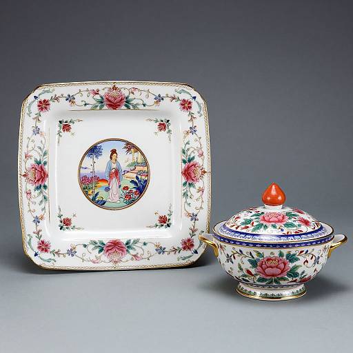 Photograph of ornate porcelain dishes: square plate with floral design and circular scene, small covered dish with red lid and floral pattern, against gradient gray