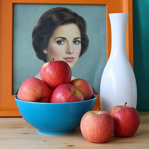 Photograph of red apples in a blue bowl, white vase, and portrait of a woman in an orange frame on a wooden table.