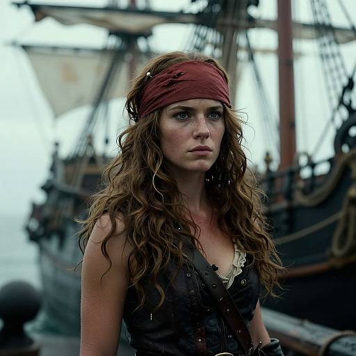 Photograph of a young woman with long, wavy brown hair, wearing a red headband and black, weathered sailor dress, standing in front