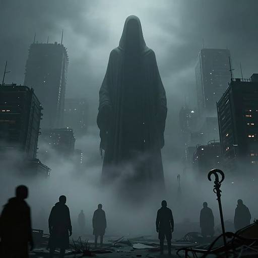 Digital art: Silhouetted giant figure in hooded cloak looms over foggy, dystopian cityscape with scattered people and tall, dark