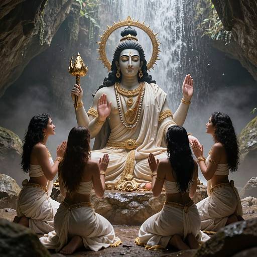 Photorealistic digital art: Four dark-haired women with white saris kneel before a seated, haloed, black-haired goddess with golden crown and