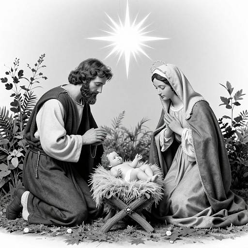 Black-and-white nativity scene: bearded man with curly hair kneels beside veiled woman, both gazing at glowing star over baby in m