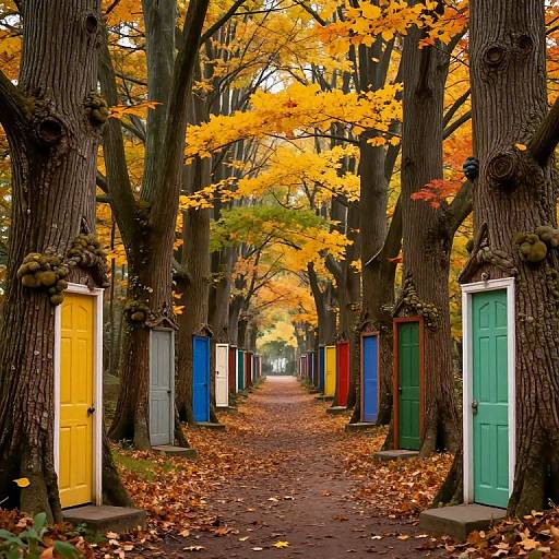 Photograph of a tree-lined path with colorful doors (yellow, blue, green, red) in autumn, surrounded by vibrant orange leaves.
