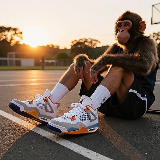 Photograph of a realistic-looking monkey in athletic wear, sitting on a track, wearing white sneakers with orange accents, at sunset.